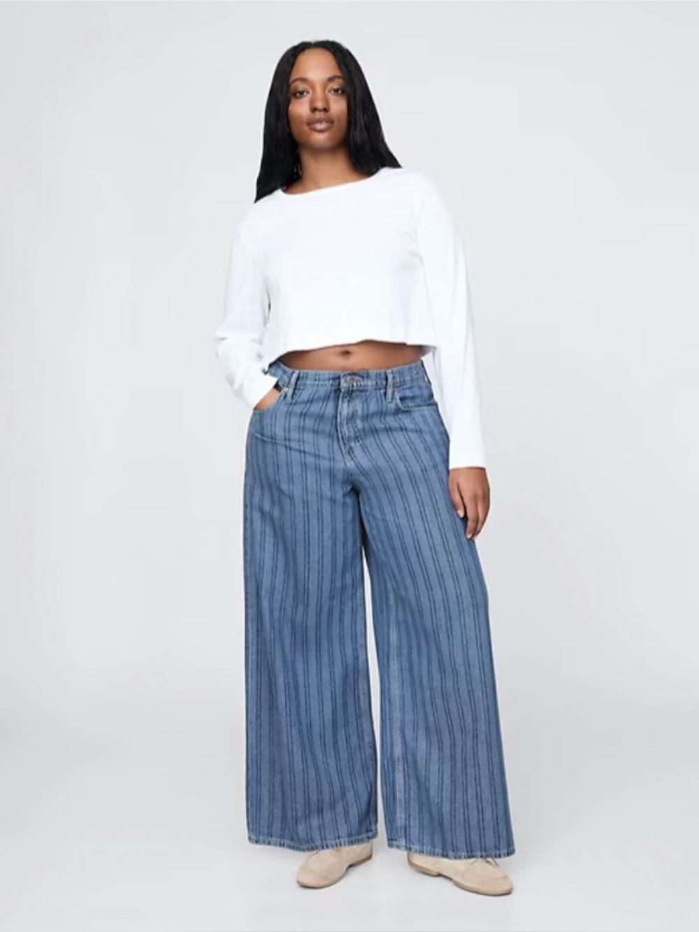 GAP UltraSoft Baggy Jeans Indigo Stripe Mid Rise Tencel Blend Women’s 31 Short - Picture 5 of 16